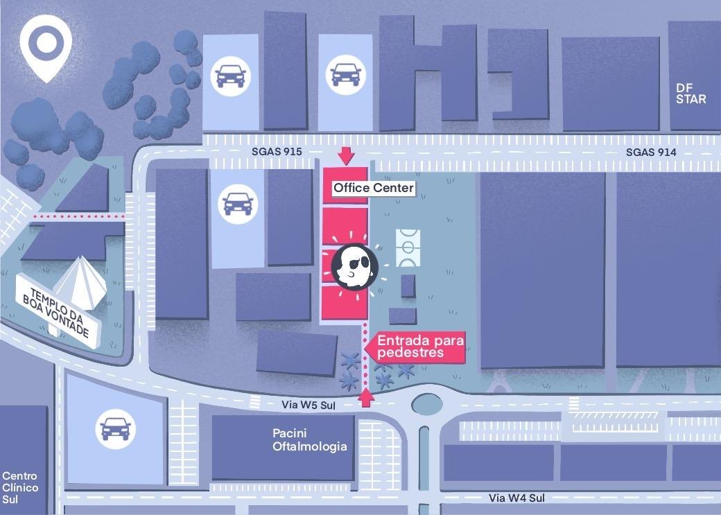 Mapa da SGAS 915 com o Office Center, os estacionamentos próximos e a entrada para pedestres pela Via W5 Sul
